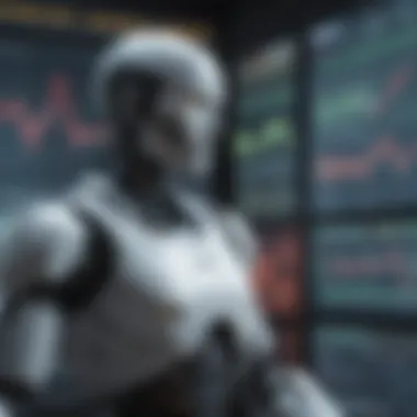 Futuristic Robot and Stock Market Data A futuristic robot interacting with stock market data