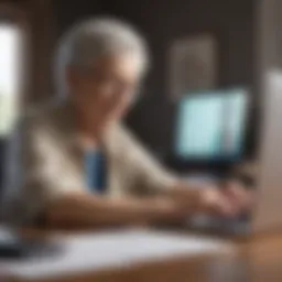Elderly person using laptop to sign up for Social Security benefits
