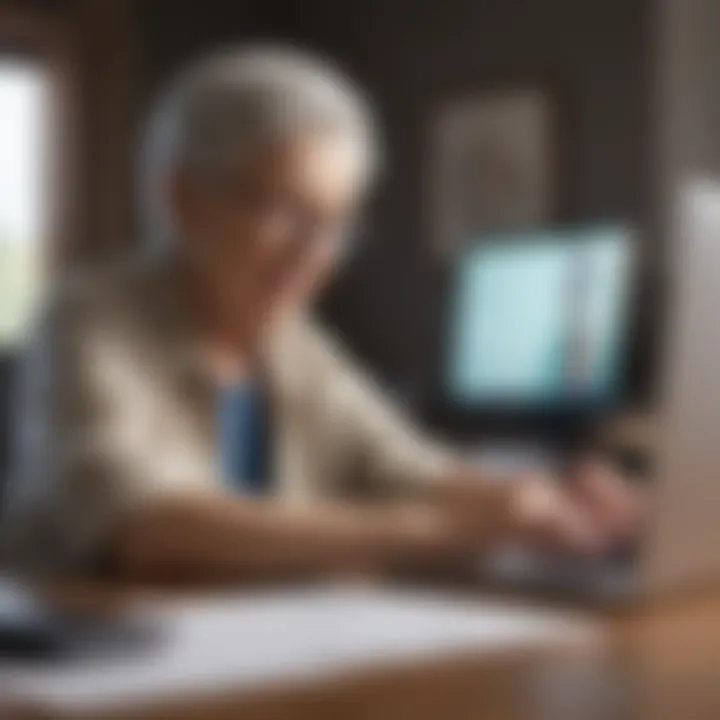 Elderly person using laptop to sign up for Social Security benefits