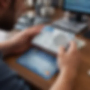 Analyzing Transaction Details Illustration of a person holding a magnifying glass inspecting credit card statement