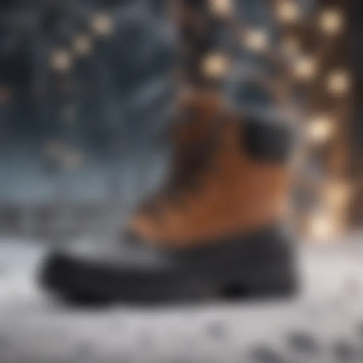 Stylish winter boots displayed on snowy backdrop