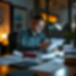 An accountant working late at a desk surrounded by paperwork