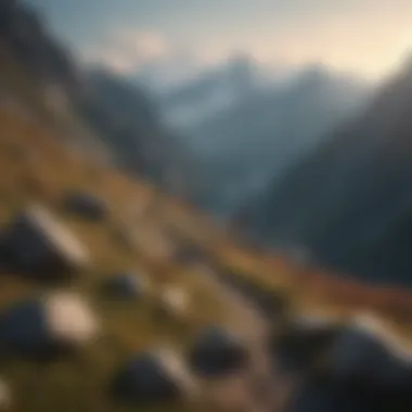 Mountain Exploration A breathtaking view of a mountain hiking trail with a group of explorers
