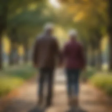Senior couple walking hand in hand in a beautiful park