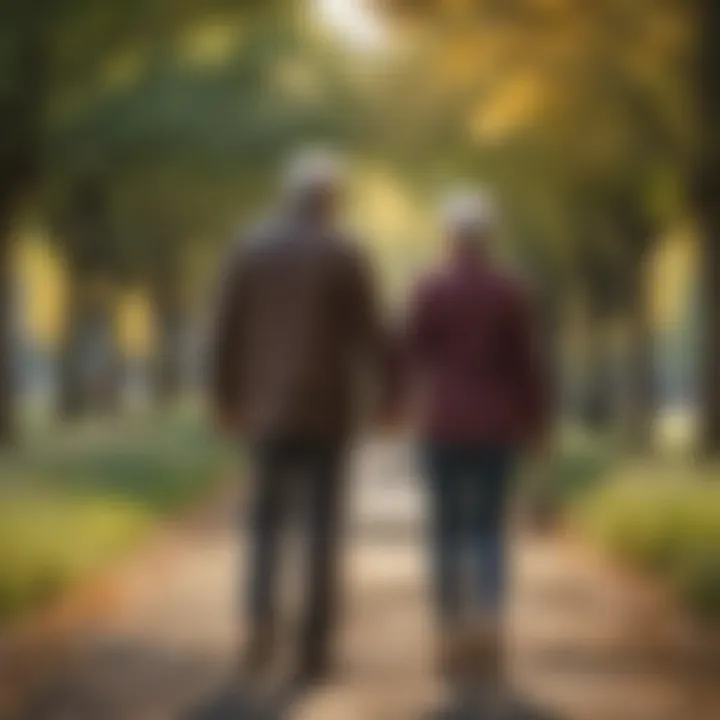 Senior couple walking hand in hand in a beautiful park