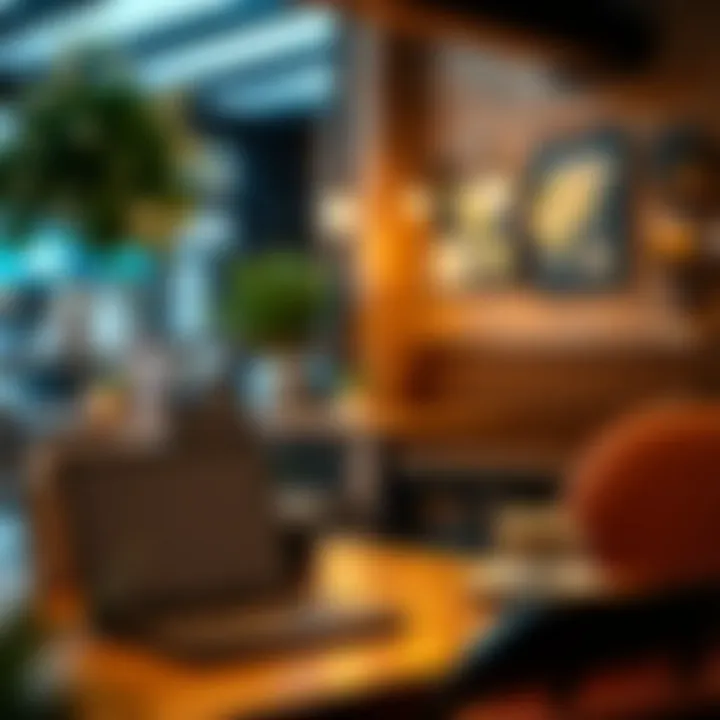 A cozy coffee shop with a laptop