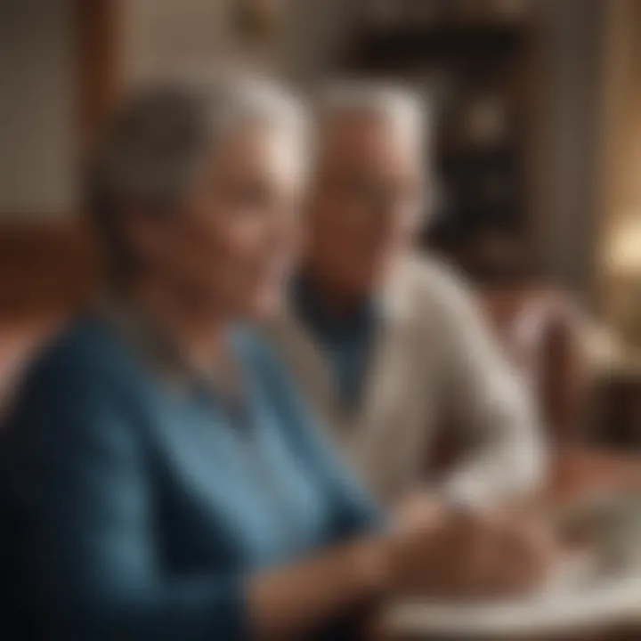 An elderly couple discussing mortgage options in a cozy living room