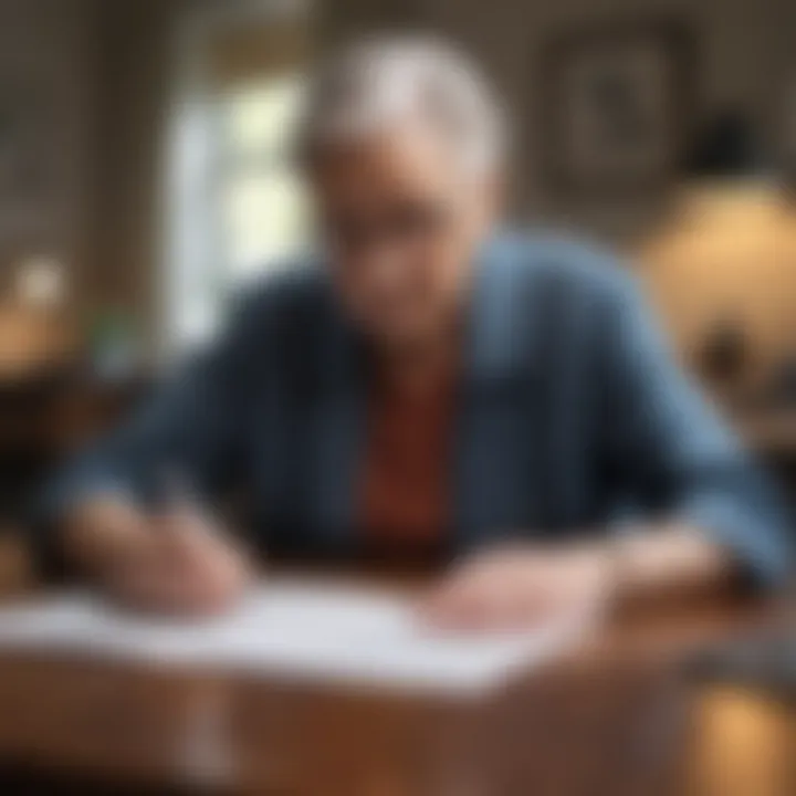 An elderly person reviewing financial documents at a desk