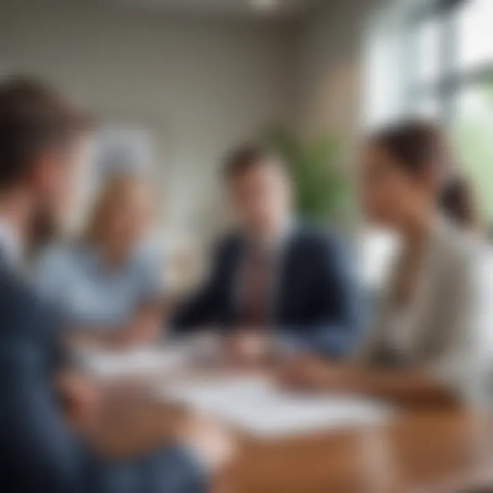 A diverse group discussing financial options in a bright office setting