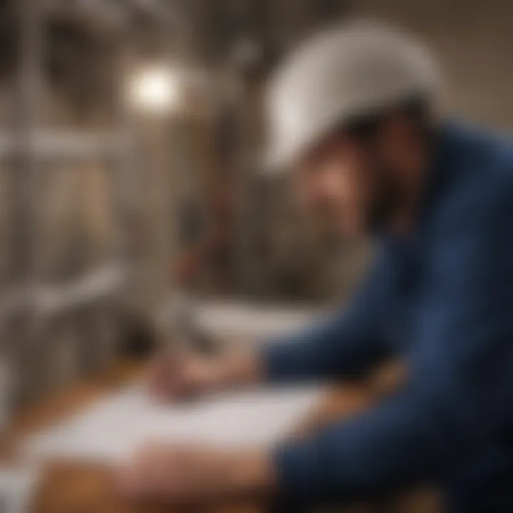 Plumber examining plumbing blueprint with salary chart overlay