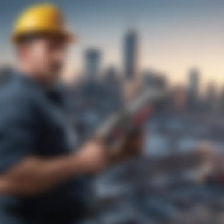 Plumber with pipe wrench in front of Massachusetts skyline