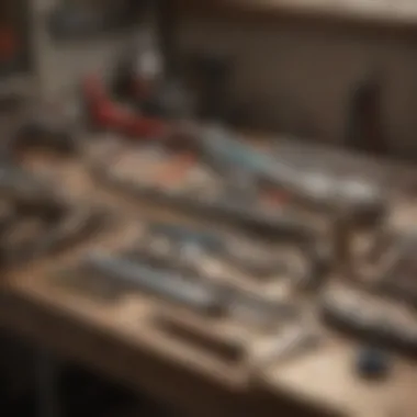 Plumbing tools arrayed on a workbench