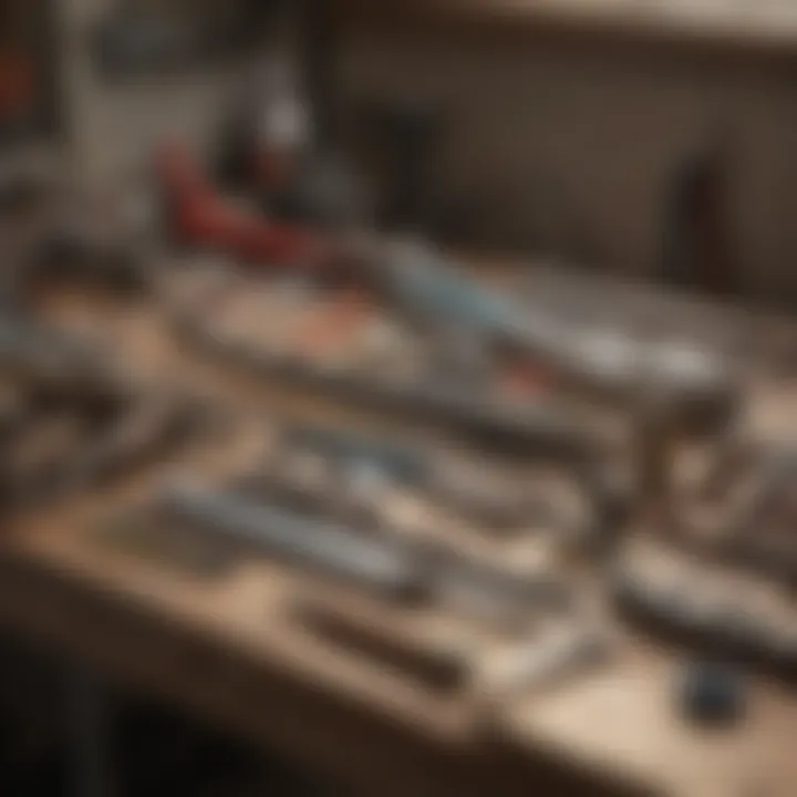 Plumbing tools arrayed on a workbench