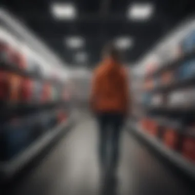 Consumer Engagement in Discount Retail An engaged shopper examining discount sports apparel within an outlet