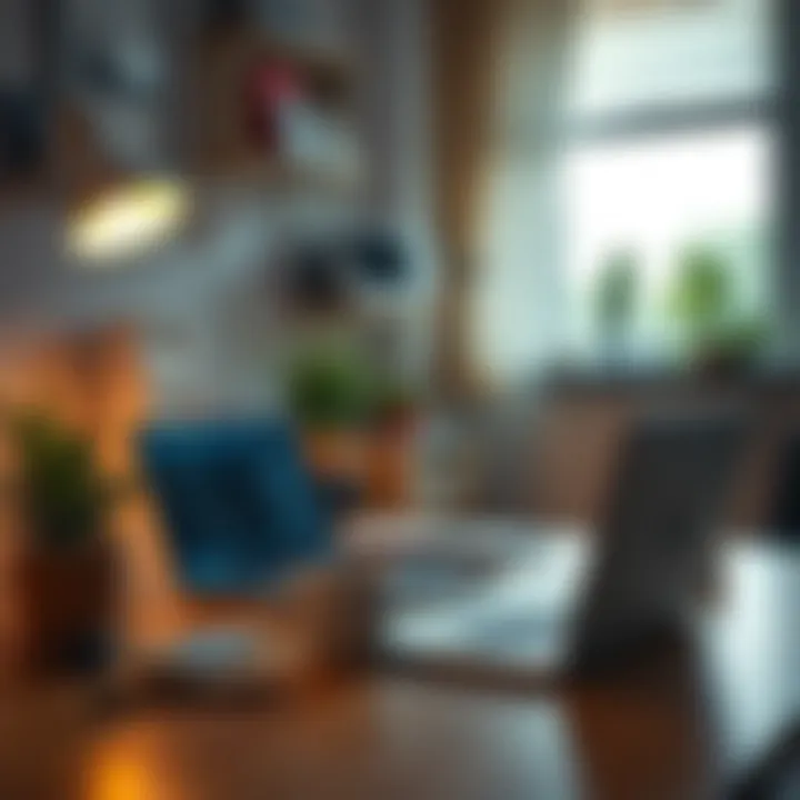 A cozy home office setup with a laptop and coffee