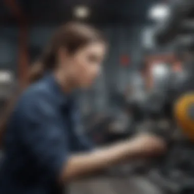 Woman Engineer Analyzing Machinery Female engineer inspecting advanced machinery