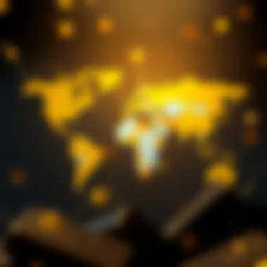 An abstract representation of global geopolitical factors affecting gold prices, with symbols of various countries.