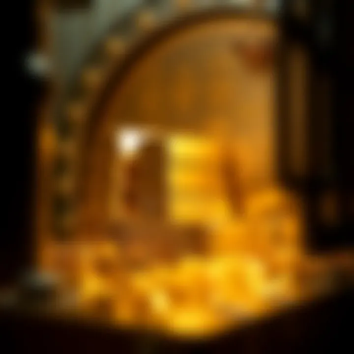 A close-up of gold bars stacked in a vault, representing the financial aspect of gold investments.