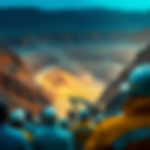 A dramatic view of an open-pit gold mine showcasing the extraction process and equipment involved.