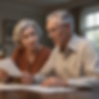 Illustration of a senior couple reviewing mortgage documents