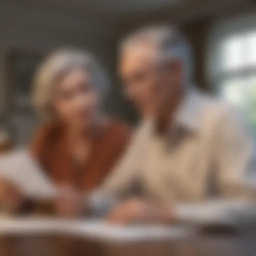 Illustration of a senior couple reviewing mortgage documents