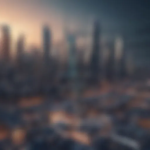 Innovative pharmaceutical research portrayed as a futuristic city skyline