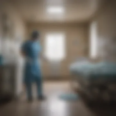 Hospital maid meticulously sanitizing and disinfecting a patient room