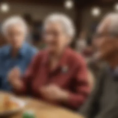 Elderly group engaging in a lively discussion at a community center