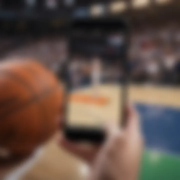 Close-up of a basketball game streaming on a mobile device