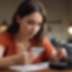 Woman calculating finances with a Discover card in hand