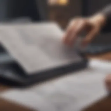 A person examining tax documents and a laptop