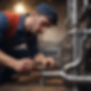 Plumber inspecting intricate pipe system