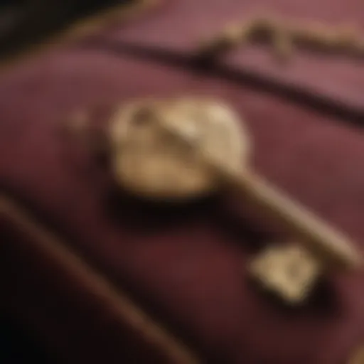 Ornate golden key on a velvet cushion