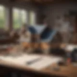Blueprint of a house laying on a desk with tools