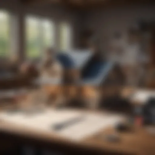 Blueprint of a house laying on a desk with tools