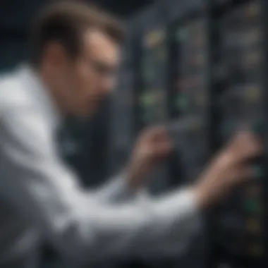 Server Troubleshooting Illustration depicting a systems administrator troubleshooting server issues