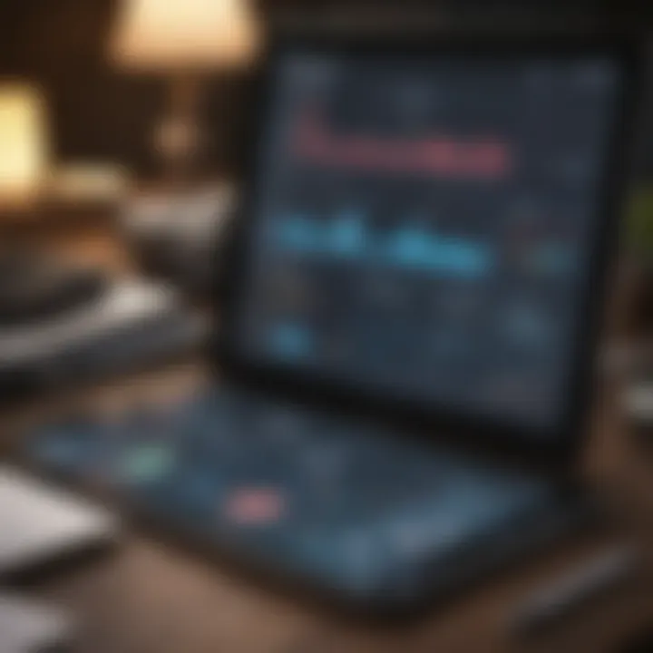 A close-up of a tablet displaying financial metrics and client relationship management tools.
