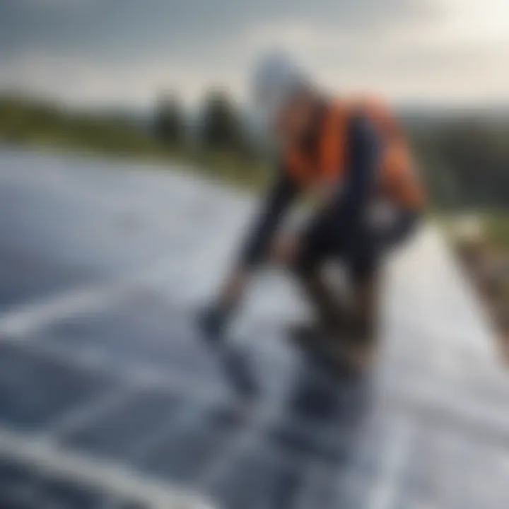 Solar technician inspecting photovoltaic panels