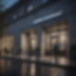 A modern bank building showcasing digital banking options