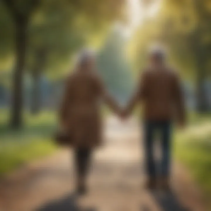 Senior couple strolling hand in hand in a park