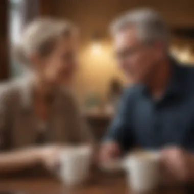 Senior man and woman conversing over a cup of coffee