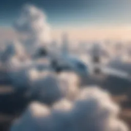 Aerial view of airplane flying above clouds