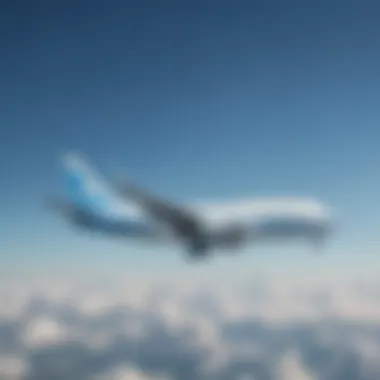 A distant view of an airplane soaring through a clear blue sky