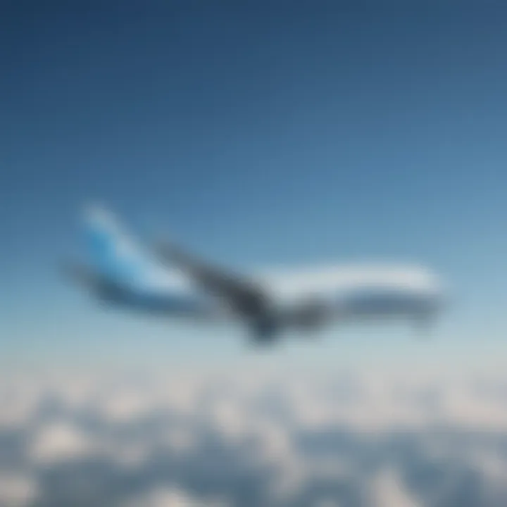 A distant view of an airplane soaring through a clear blue sky