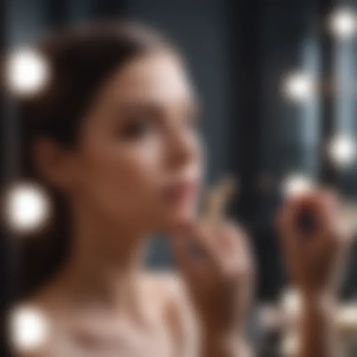 A close-up of an actress applying makeup in front of a mirror