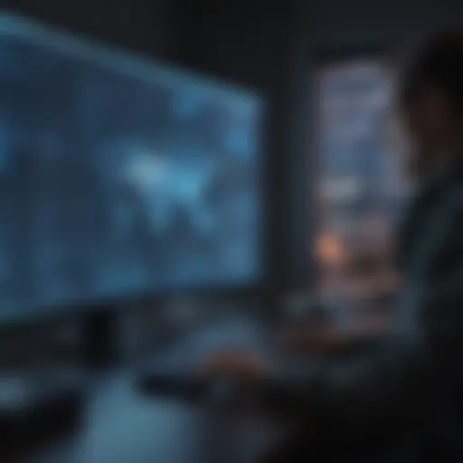 A professional analyzing data on a screen with cybersecurity software.