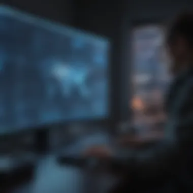Cybersecurity Data Analysis A professional analyzing data on a screen with cybersecurity software.