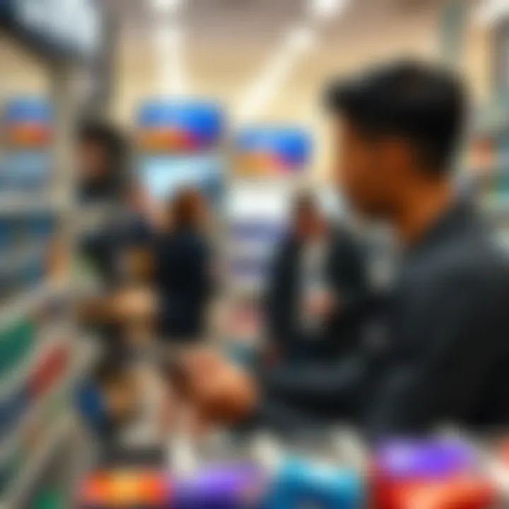 In-Store Experience for Buying Chime Cards A consumer reviewing different prepaid card options in a retail store